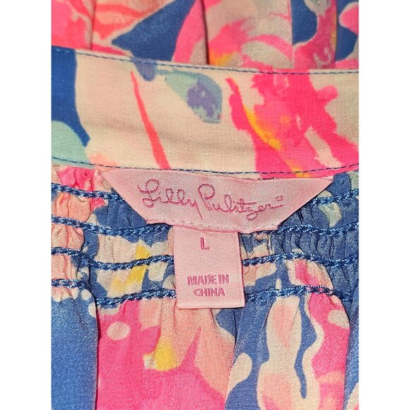 Lilly Pulitzer Women's Pink Blue ELSA 100% Silk SEASHELLS CRABS Blouse Sz L 2895 - Picture 5 of 10
